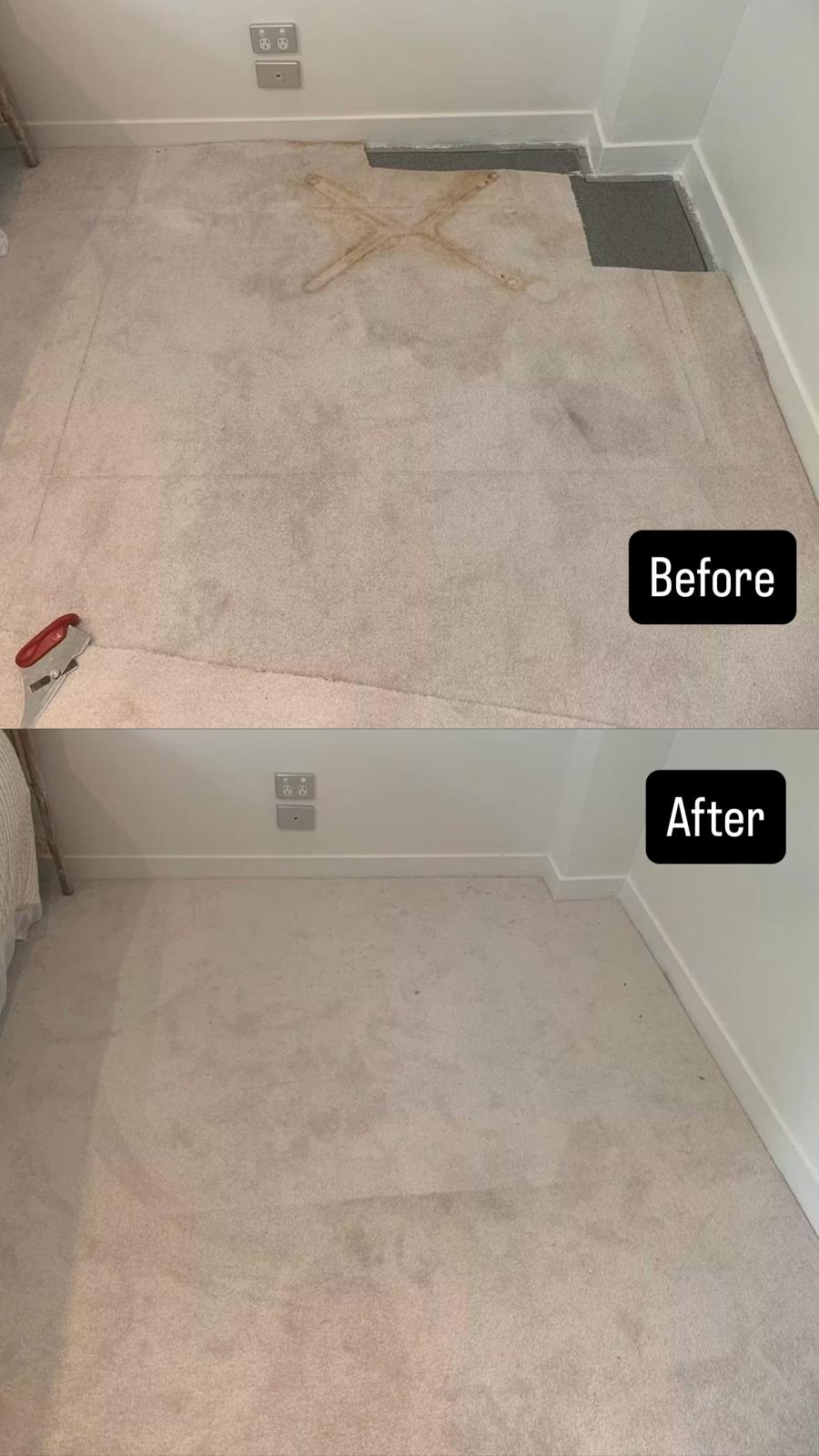 Before and after comparison of a bedroom carpet fully restored after a rust stain