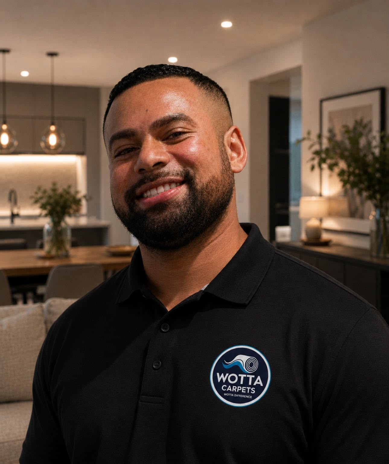 Wotta Carpets technician in a Wotta Carpets branded polo inside a modern Auckland home